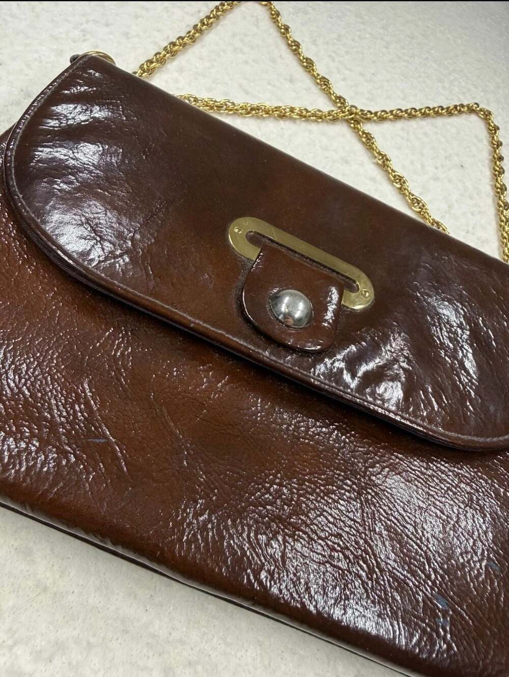 Vintage Block Brown Patent Leather Chain Strap Shoulder Bag